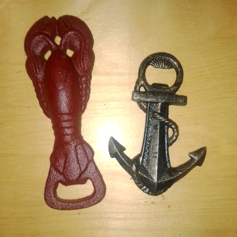 2 Cast Iron Lobster and Anchor Bottle Opener Set - Red and Black